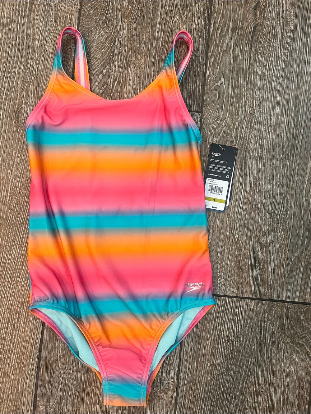 Speedo Pink Orange Teal Striped One-Piece Swimsuit